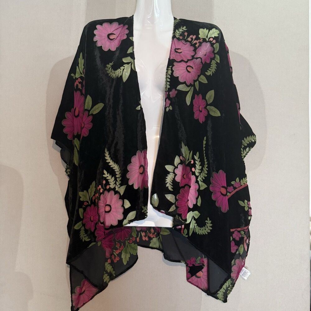 Woven Heart Floral Velvet Burnout Kimono Open Cardigan Boho Darkwear One Size